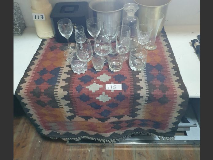 BROWN, BEIGE & BLUE KELIM RUG, 94 x 75cm