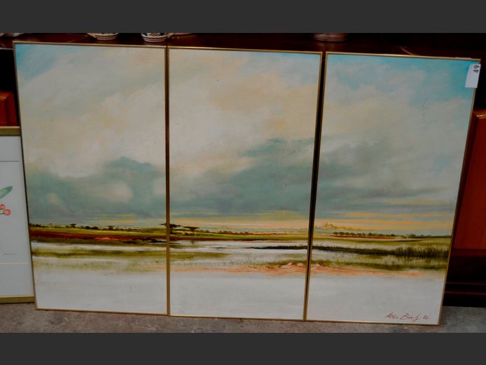 TRYPTECH BRASS FRAMED OIL ON BOARD "SHORELINE" SIGNED PETER BIRCH, 88.5 x 45cm