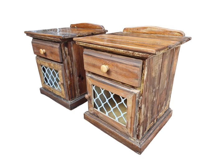 Pair of Rustic Distressed Wood Bedside Cabinets