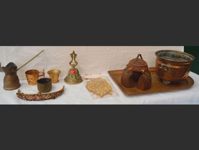 BRASS BOWL, TRAY, COW BELLS, etc