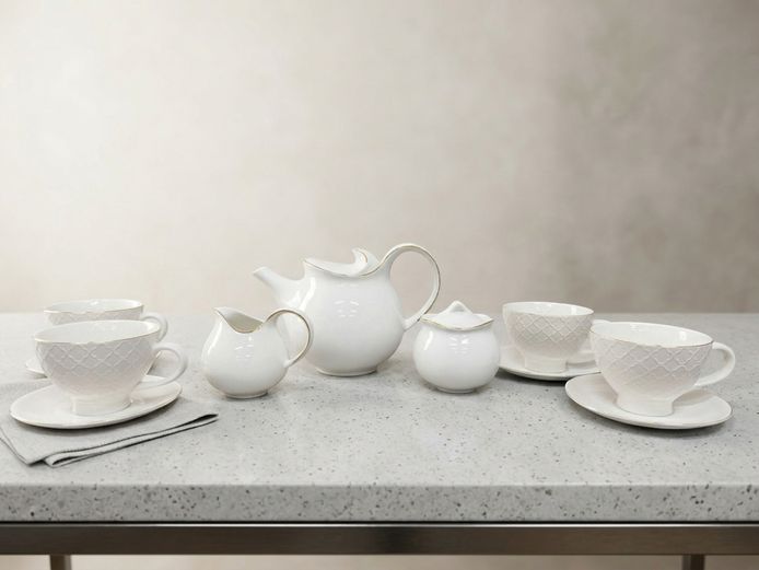Minimalist Quilted Porcelain Tea Set with Gold Trim
