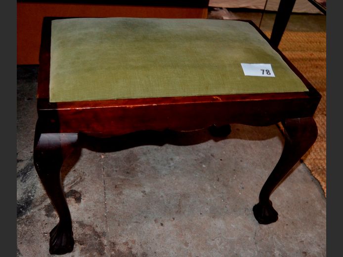 IMBUIA BALL & CLAW DRESSING TABLE STOOL WITH GREEN DRAYLON UPHOLSTERED SEAT, 62 x 43 x 45cm