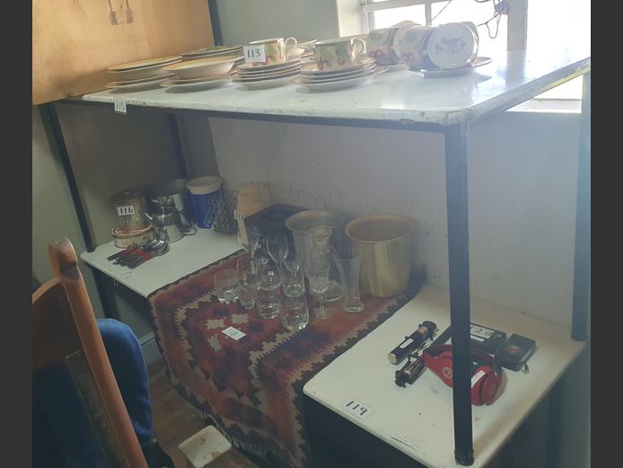 WHITE WOODEN TOP WORK TABLE ON METAL BASE, 180 x 59 x 70cm