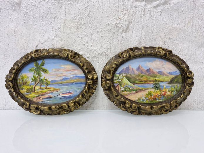 Miniature Landscape Oil Paintings by Norah Allen – Ornate Gilt Frames