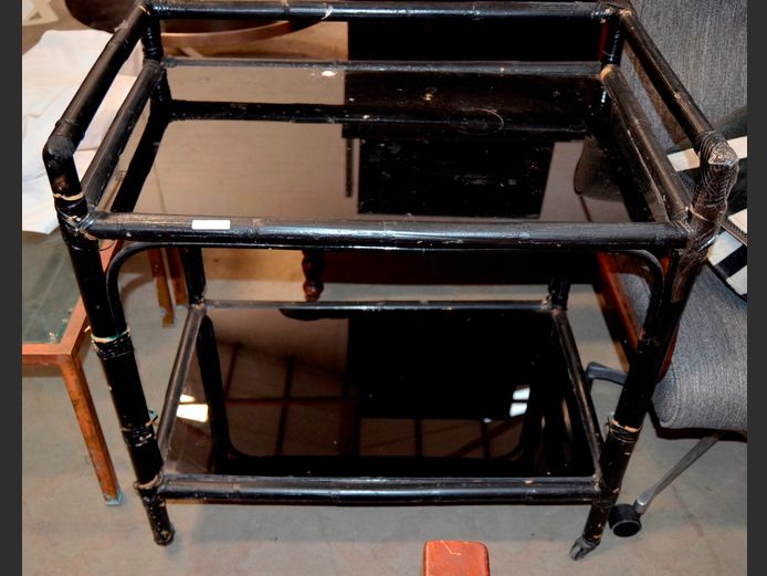 CANE UNDER BLACK PAINT TEA TROLLEY WITH BOTTOM SHELF, 82 x 52 x 85cm [Rattan wrappings loose]