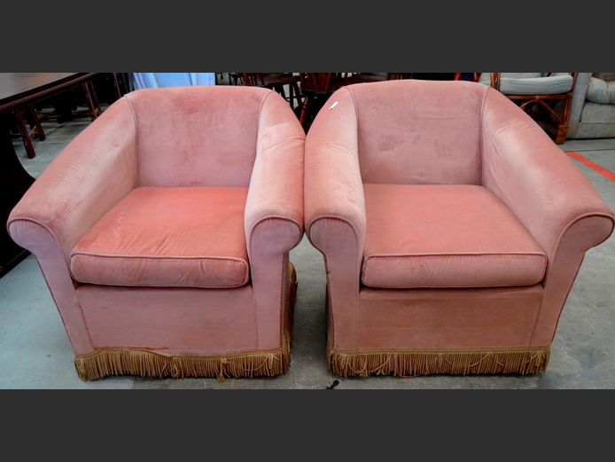 PAIR DUSTY PINK DRAYLON UPHOLSTERED ARMCHAIRS [Need some TLC]