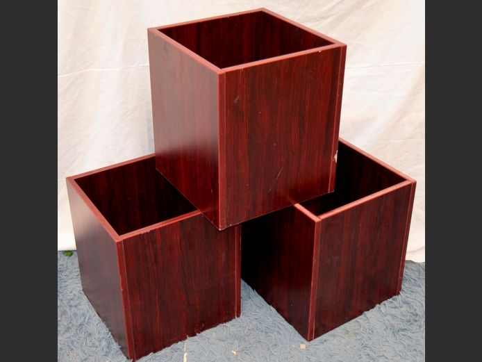SET OF 3 MAHOGANY FINISH OFFICE BINS, 34 x 34 x 39cm