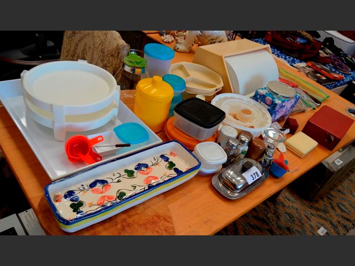 WOODEN CHOPPING BOARD, JELLY MOULD, BREAD BIN, STAINLESS STEEL BUTTER DISH, etc