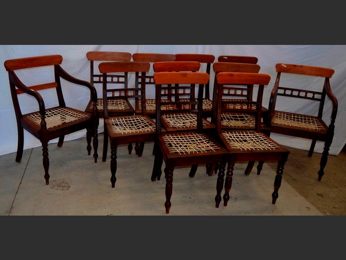 SET OF 8 YELLOWWOOD & IMBUIA DINING CHAIRS WITH RIEMPIE SEATS & PAIR MATCHING CARVERS [Riempies need replacing]