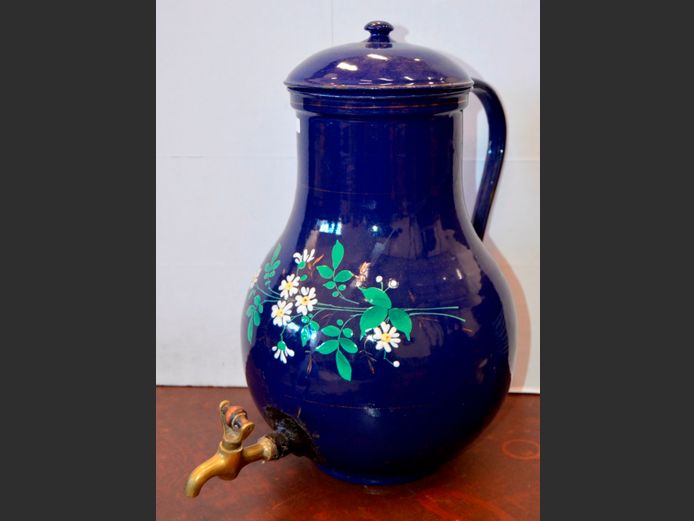 ANTIQUE BLUE ENAMEL URN, 37cm High