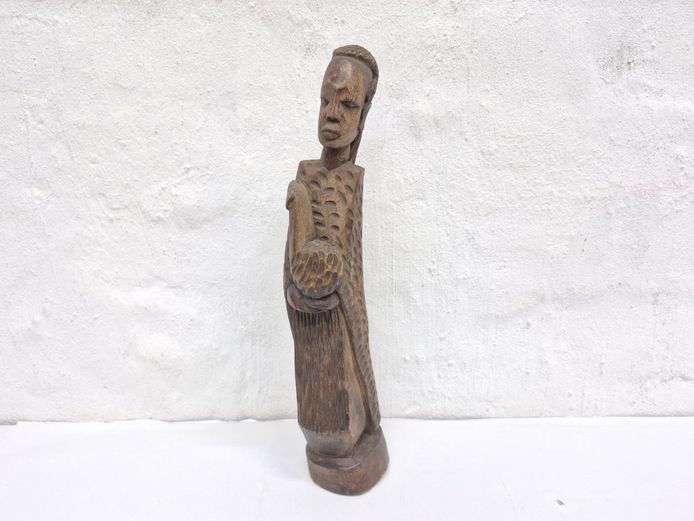 Vintage Hand-Carved African Wooden Figurine Holding Fowl