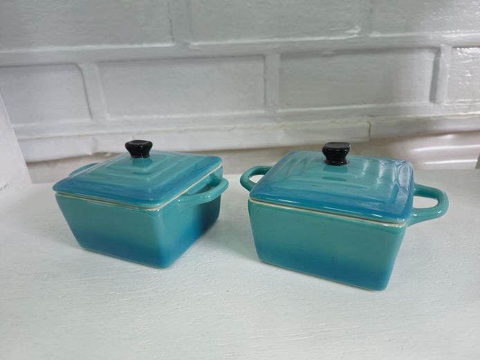 Set of 2 Teal Square Ceramic Mini Cocottes Lidded Dishes
