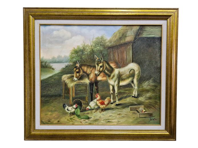 Vintage Farmyard Scene Oil Painting by J. Houten