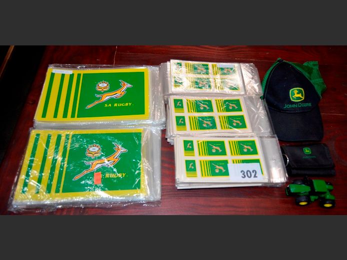 JOB LOT: SA RUGBY STICKERS, JOHN DEERE CAP, ORNAMENTAL TRACTOR, etc
