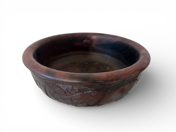 Hand-Carved Wooden Bowl with Relief Decoration