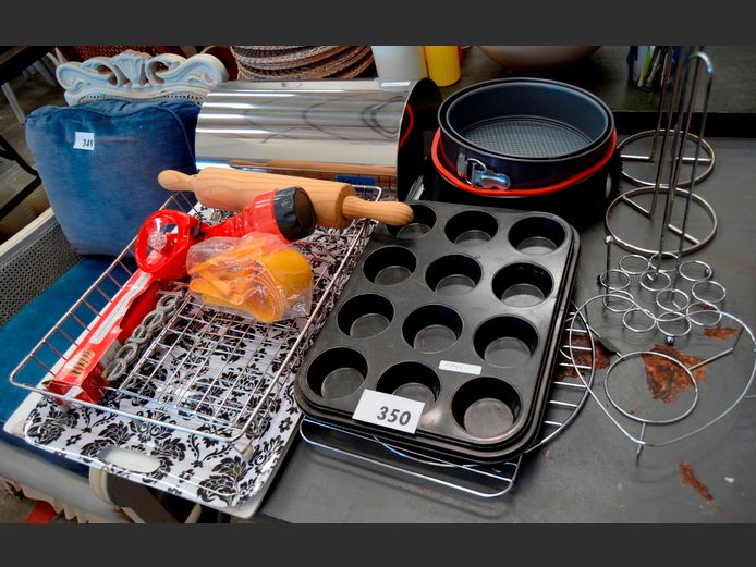 STAINLESS STEEL BREAD BIN, MUFFIN PANS, PIE DISHES, etc