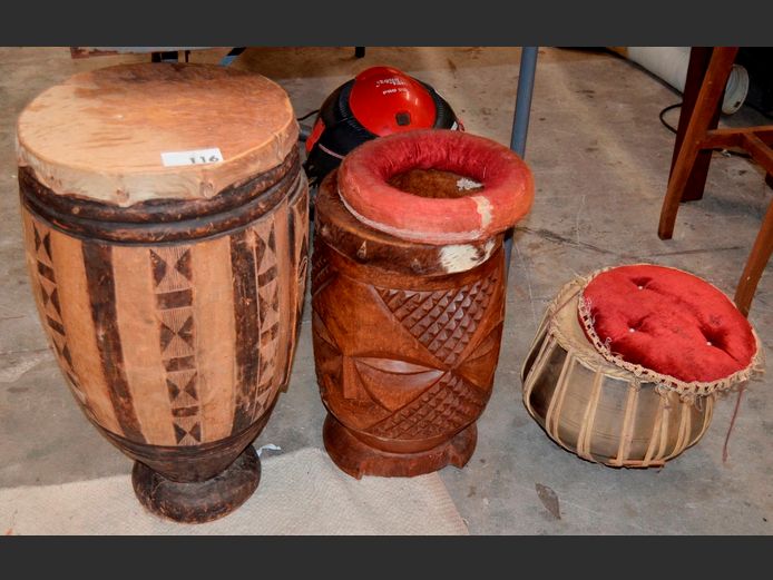 LOT OF 3: BONGO DRUMS, 36 x 65cm, 28 x 46cm & 26 x 27cm respectively [Small drum needs repairs]