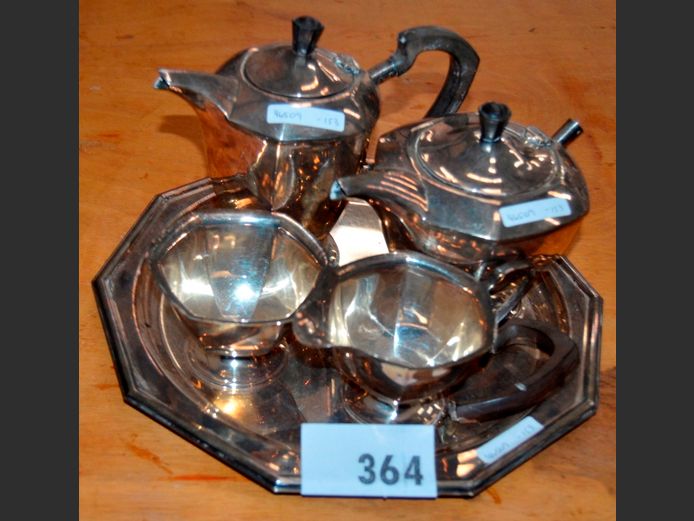SILVER PLATE TRAY, TEAPOT, COFFEE POT, SUGAR BOWL & CREAMER [Handle to 1 pot needed]