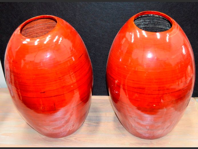 PAIR DARK RED PAINTED BAMBOO VASES, 40cm High