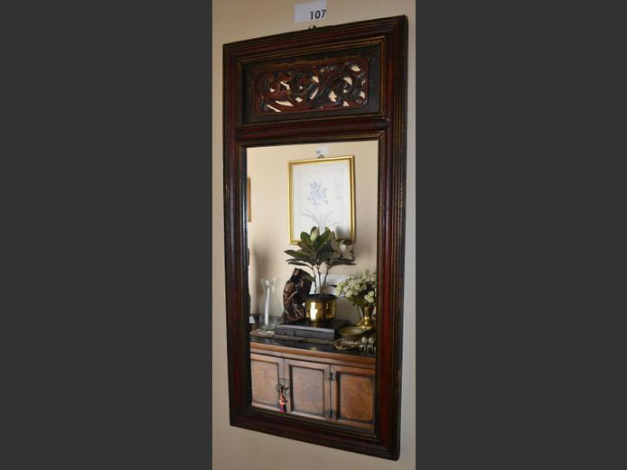 CARVED & PAINTED ROSEWOOD FRAMED MIRROR, 83 x 39cm