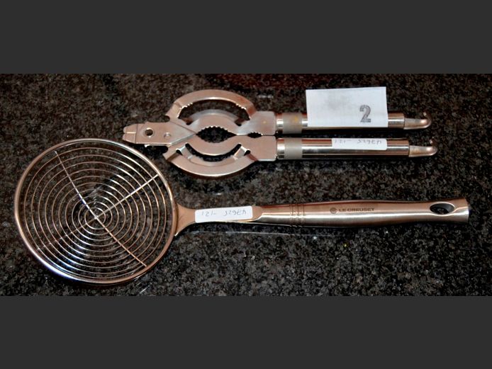 LE CREUSET STAINLESS STEEL SKIMMER & A STAINLESS STEEL BOTTLE & JAR OPENER