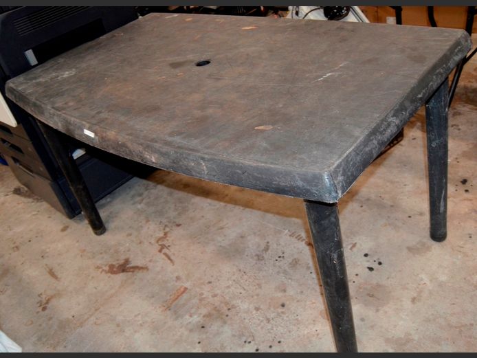 PLASTIC PATIO TABLE, 130 x 80 x 71cm, & A PLASTIC PATIO TABLE TOP ONLY