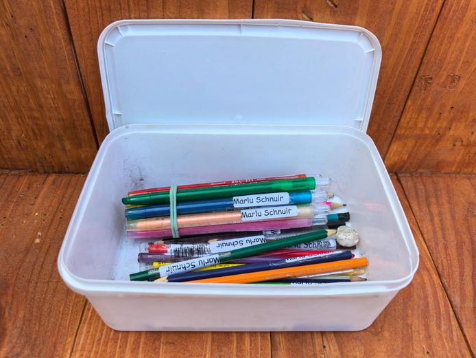 Mixed Stationery Lot - Pens & Colored Pencils in White Plastic Tub