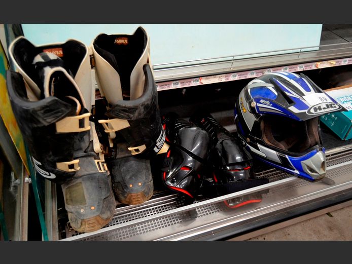 PAIR MOTORBIKE BOOTS, HELMET, etc