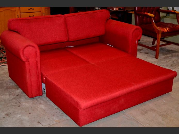 RED UPHOLSTERED 2-SEATER SLEEPER COUCH, 175 x 80cm