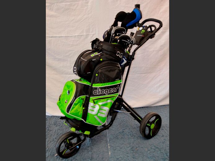 GREEN CLICGEAR GOLF BAG WITH CLUBS ON TROLLEY