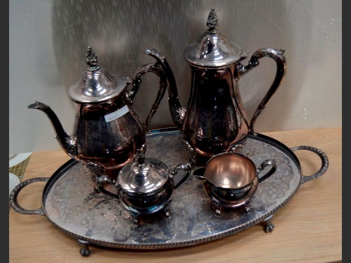 SILVER PLATE: TRAY, 54 x 28cm, TEAPOT, COFFEE POT, CREAMER & SUGAR BASIN