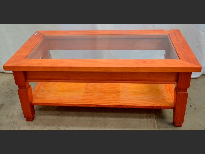 PINE COFFEE TABLE WITH GLASS TOP & BOTTOM SHELF, 110 x 60 x 45cm