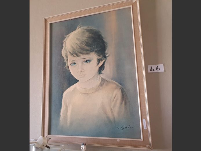 VINTAGE FRAMED PRINT "CRYING BOY", 67 x 49cm