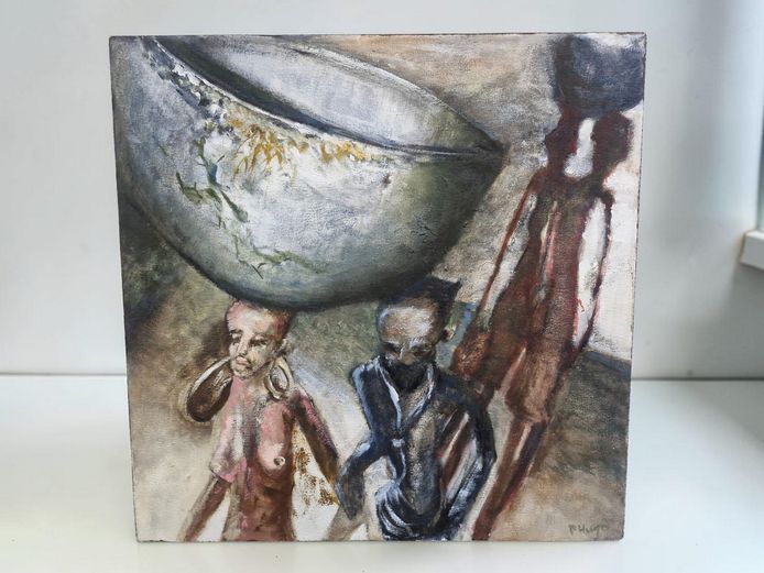 Pauline Hugo (SA, Contemporary) "Figures with Calabash" Oil on Canvas