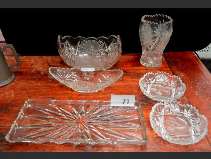 CUT GLASS VASE, SNACK PLATES, etC