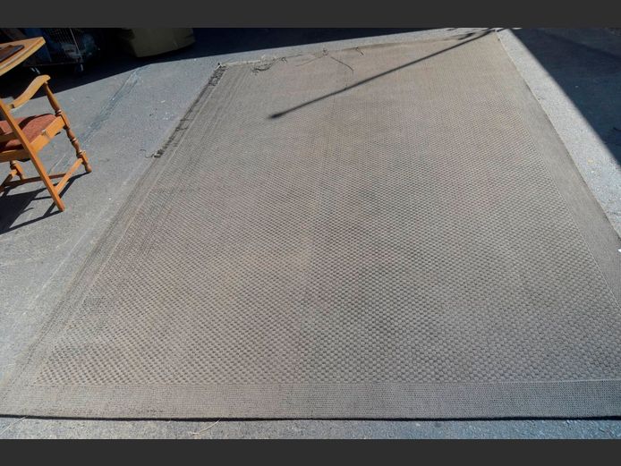 GREY OUTDOOR CARPET, 383 x 273cm [Frayed, needs a clean]