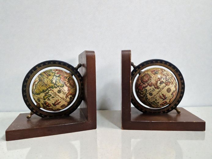 Vintage-Style Wooden World Globe Bookends (Pair)