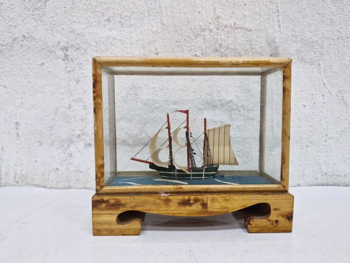 Vintage Miniature Sailing Ship Model in Bamboo Glass Display Case