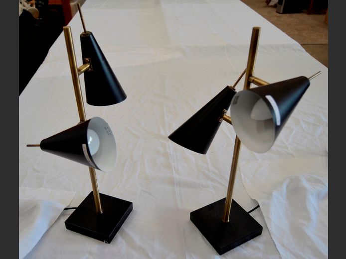 PAIR MODERN BLACK & BRONZED BEDSIDE LAMPS, 50cm High