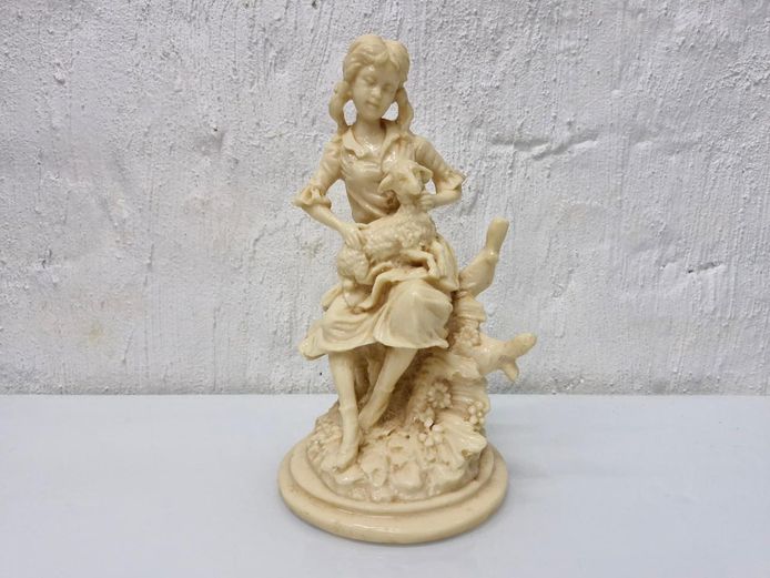 Vintage Faux Ivory Resin Figurine of Young Girl Holding a Lamb, G. Armani Style