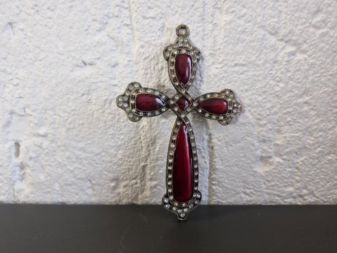 Gothic Antiqued Bronze Cross - Red Cabochon & Crystal Rhinestones