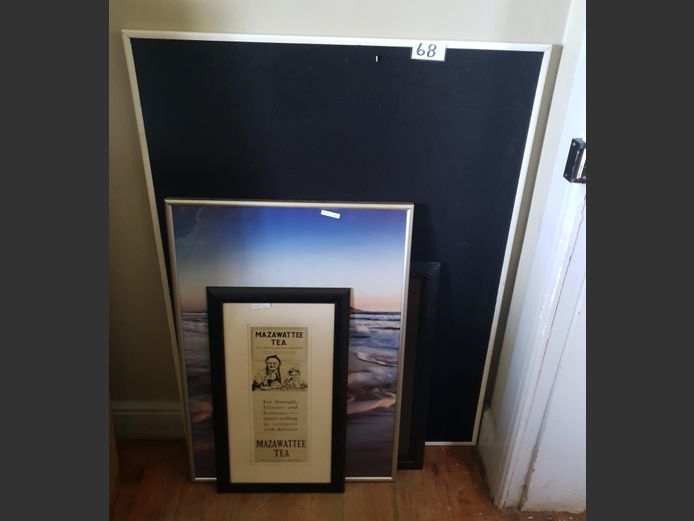 LOT: BLACK PINBOARD, FRAMED PRINT, etc