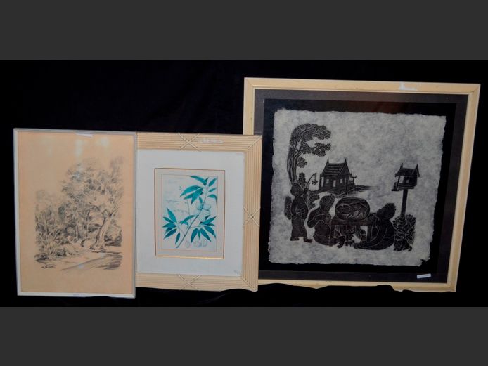 FRAMED CHINESE CHARCOAL ON HAND MADE PAPER, 54 x 52cm, FRAMED SKETCH OF TREES, etc