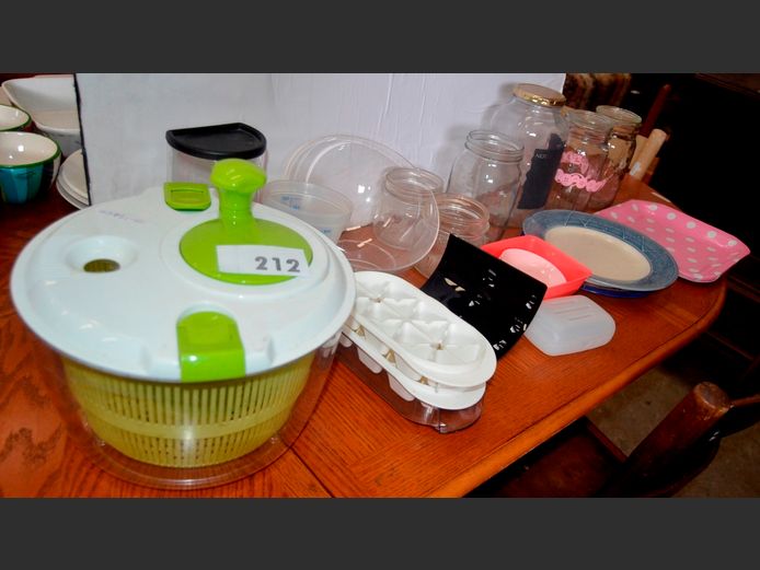 LETTUCE SPINNER, CONSOL GLASS STORAGE JAR WITH LID, etc