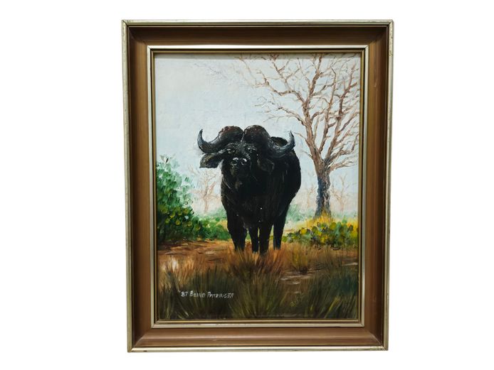 Original Framed Wildlife Oil Painting – African Buffalo by Bernd Pfitzinger (1987)