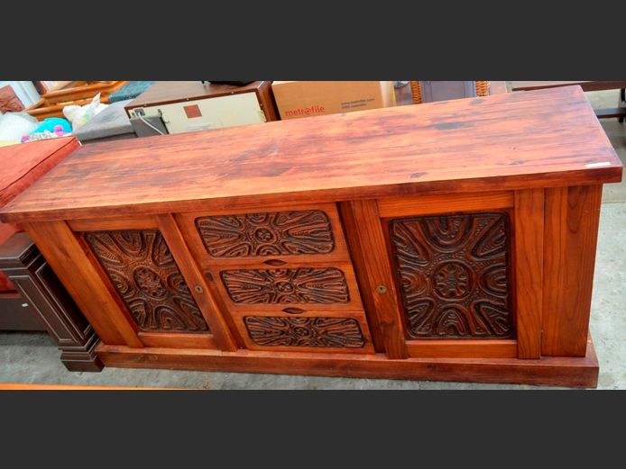 AQUARIUS CARVED  PINE 2-DOOR, 3-DRAWER SIDEBOARD, 173 x 45 x 75cm