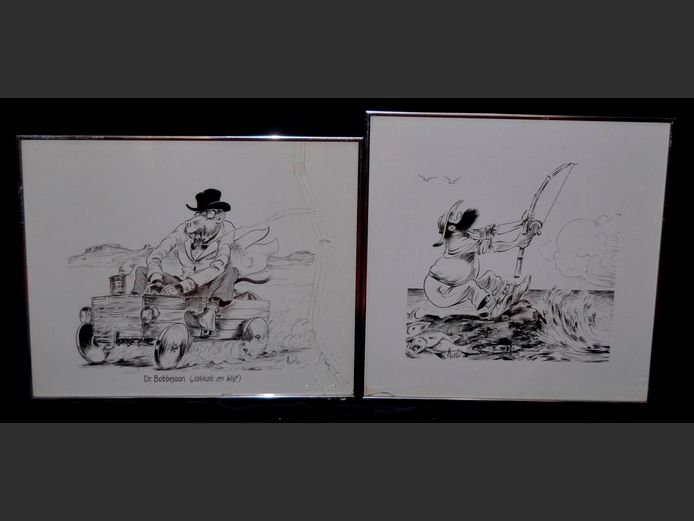 PAIR SILVER GILT FRAMED "COMIC" PRINTS: DR. BOBBEJAAN (JAKKALS EN WOLF) & FISHERMAN, 50 x 50cm & 55 x 45cm [Glass cracked to 1]