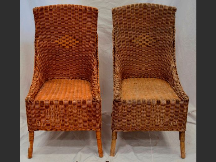 PAIR WICKER DINING CHAIRS [1 chair damaged]