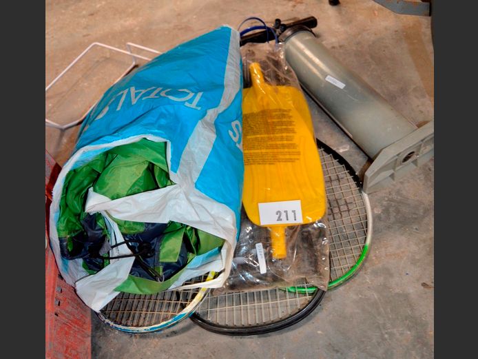 TENNIS RACQUETS, HAND PUMP, OARS & TENT COVER [No poles]