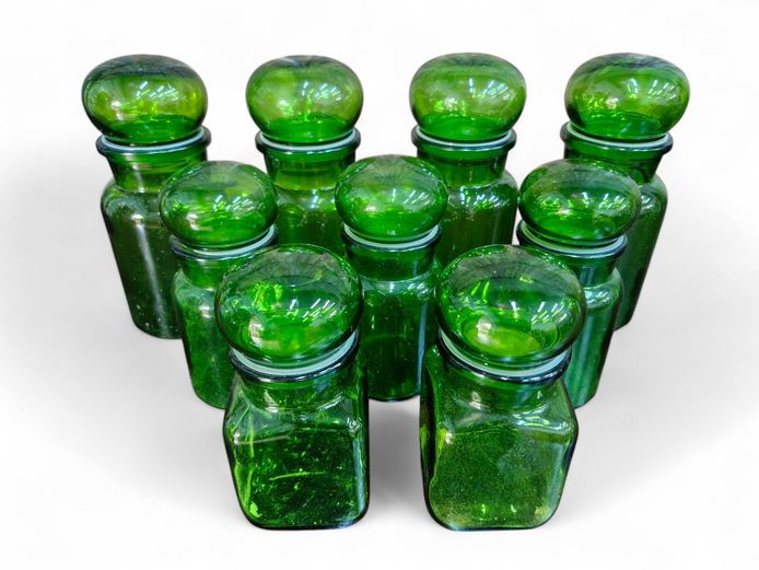 Collection of Belgium Made Green Glass Jars